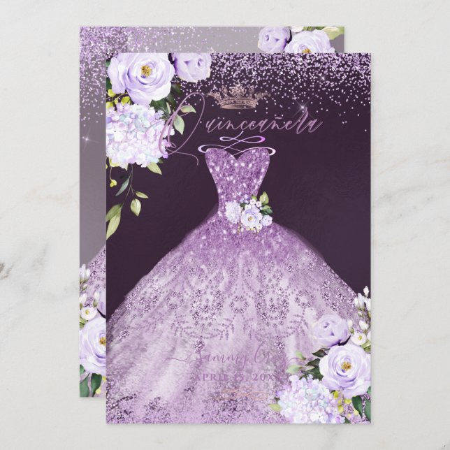Quinceanera Dusty Lilac Purple Silver Glitter Gown Invitation (Front/Back)