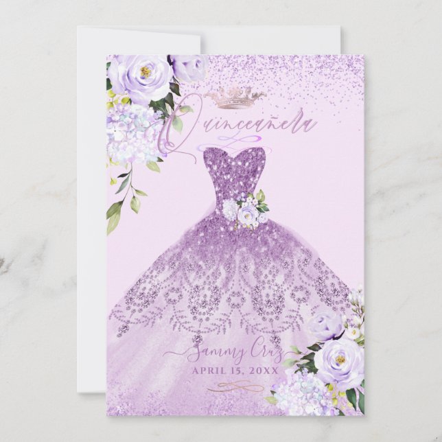 Quinceanera Dusty Lilac Purple Silver Glitter Gown Invitation (Front)
