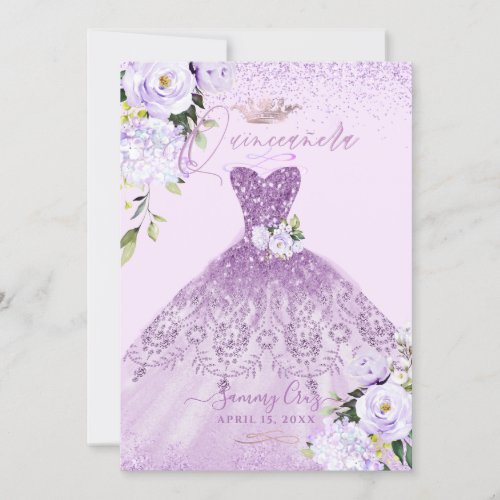 Quinceanera Dusty Lilac Purple Silver Glitter Gown Invitation