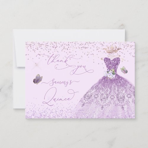 Quinceanera Dusty Lilac Purple Silver Glitter Gown Thank You Card