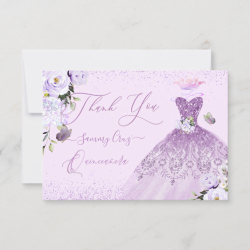 Quinceanera Dusty Lilac Purple Silver Glitter Gown Thank You Card