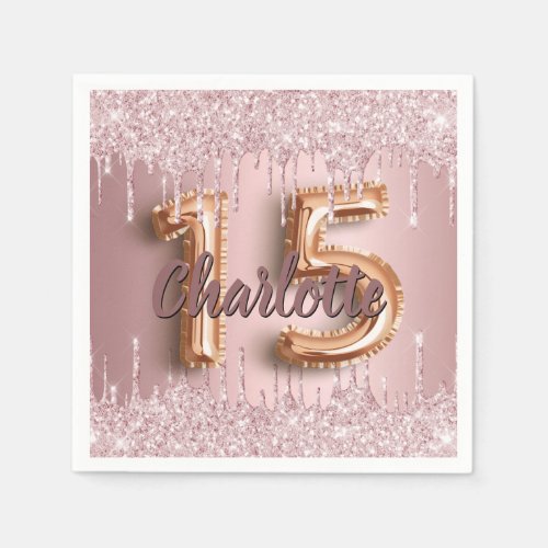 Quinceanera dusty pink rose glitter drips name napkins