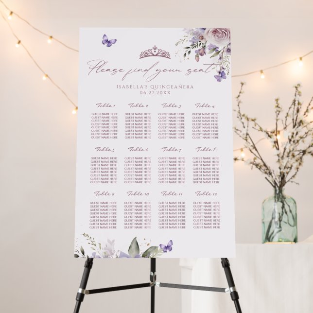 Quinceañera Dusty Purple Butterfly Seating Chart Foam Board (In Situ (Stand))