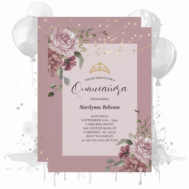 Quinceañera Dusty Purple Floral Gold Invitation (Creator Uploaded)