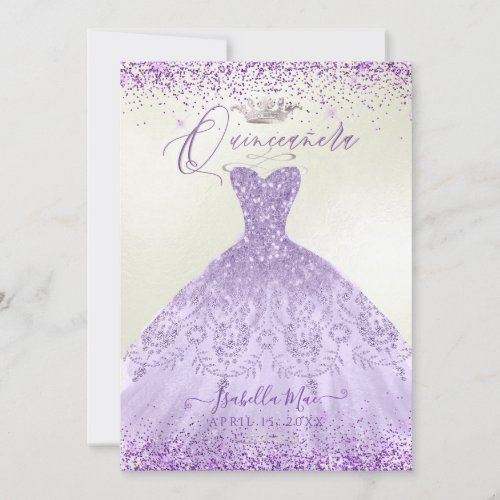 Quinceanera Dusty Purple Silver Glitter Gown Invitation