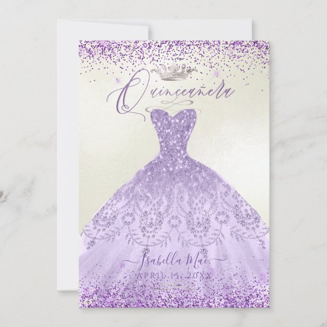 Quinceanera Dusty Purple Silver Glitter Gown Invitation (Front)