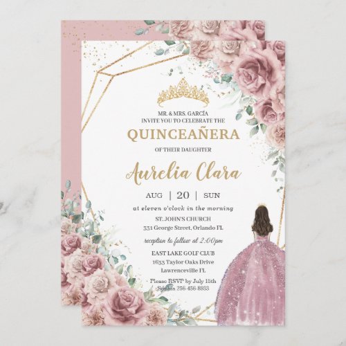 Quinceaera Dusty Rose Floral Princess Gown Gold Invitation