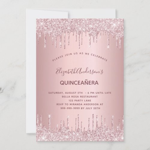 Quinceanera dusty rose glitter drips pink invitation