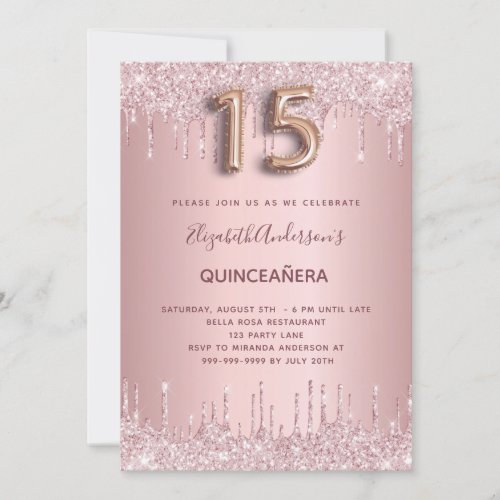 Quinceanera dusty rose glitter drips pink luxury invitation