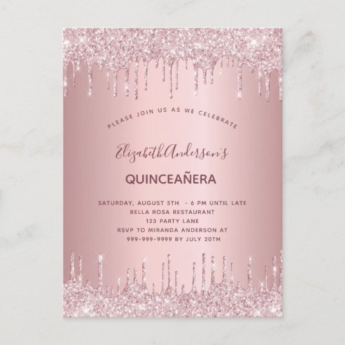 Quinceanera dusty rose glitter drips pink luxury invitation postcard