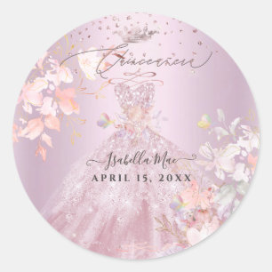 Quinceanera Dusty Rose Glitter Gown Sweet Peas Classic Round Sticker