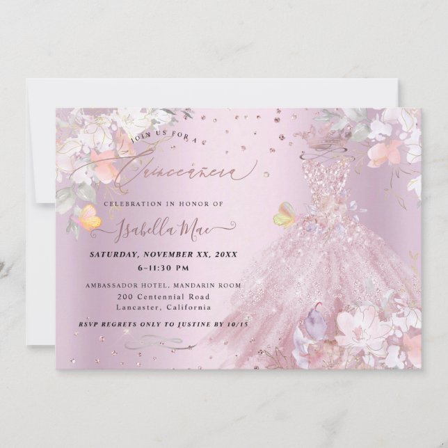 Quinceanera Dusty Rose Glitter Gown Sweet Peas Invitation (Front)