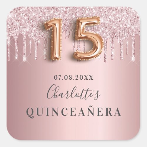 Quinceanera dusty rose pink glitter monogram square sticker