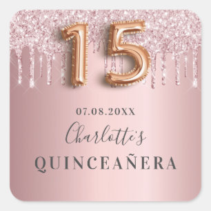 Quinceanera dusty rose pink glitter monogram square sticker