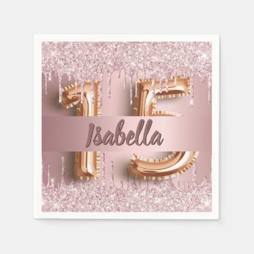 Quinceanera dusty rose pink glitter name napkins