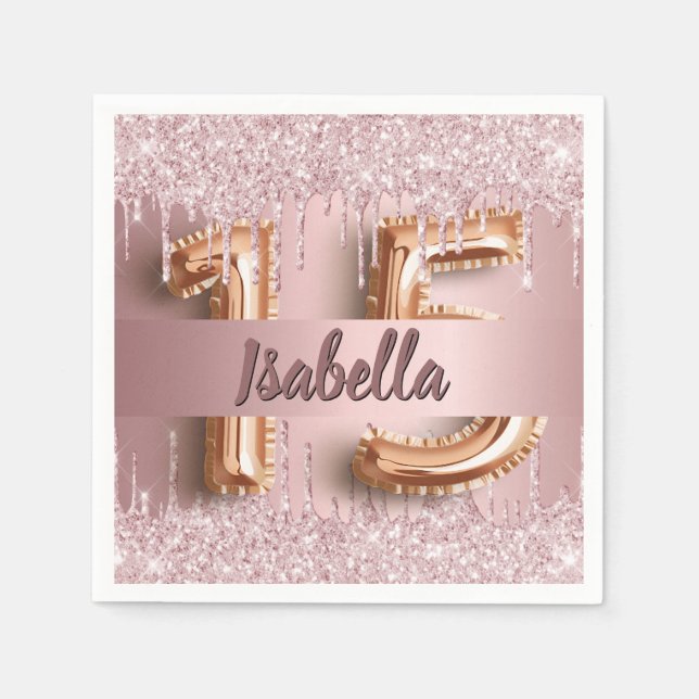 Quinceanera dusty rose pink glitter name napkins (Front)