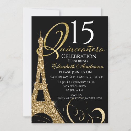 Quinceanera Eiffel Tower Gold Black 15th Birthday  Invitation