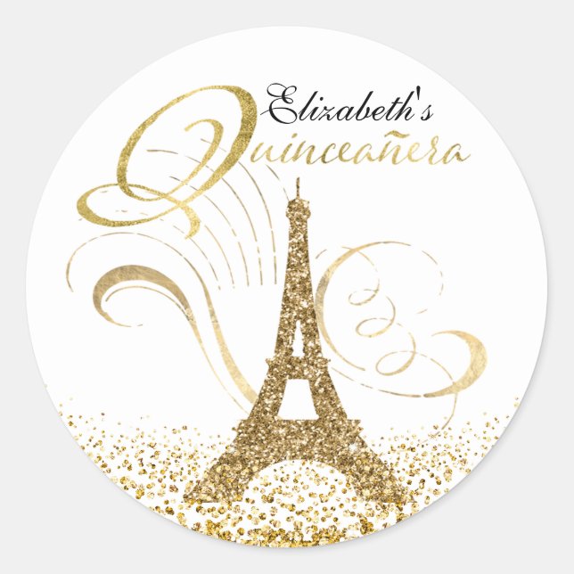 Quinceanera Eiffel Tower Personalized Classic Round Sticker (Front)