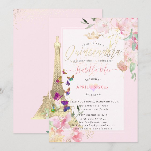 Quinceanera Eiffel Tower,  Watercolor Butterflies Invitation (Front/Back)
