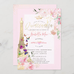 Quinceanera Eiffel Tower, Watercolor Butterflies Invitation