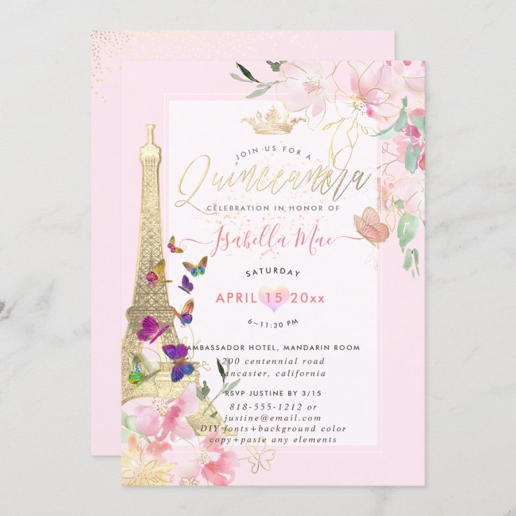 Quinceanera Eiffel Tower, Watercolor Butterflies Invitation Zazzle