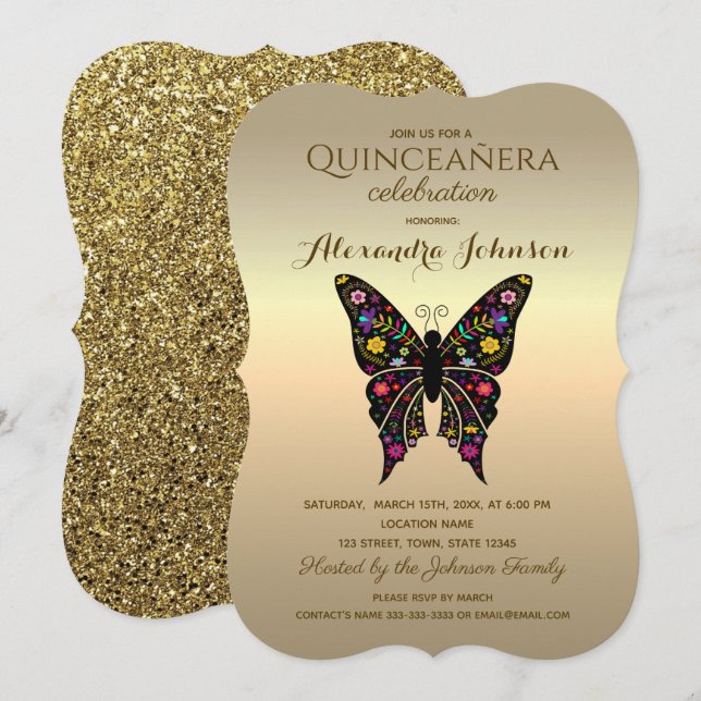 Quinceanera Elegant Black and Gold Invitation (Front/Back)