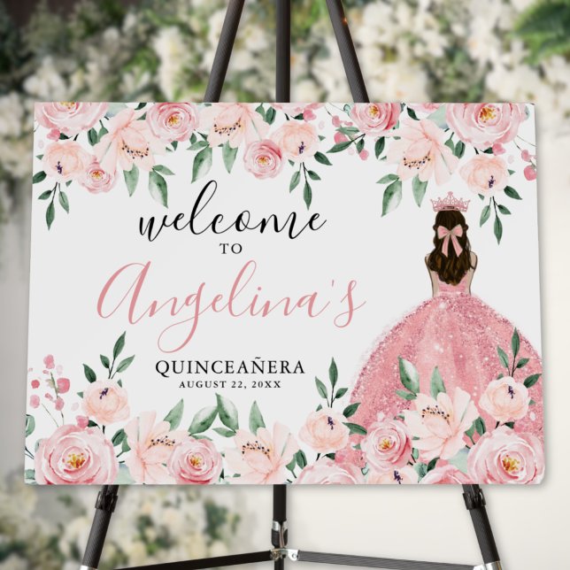 Quinceanera Elegant Blush Pink Floral Welcome Sign (Quinceanera Elegant Blush Pink Floral Welcome Sign )