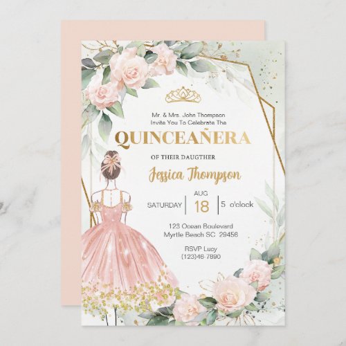 Quinceaera Elegant Blush Pink Gold Floral   Invitation