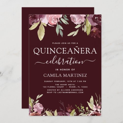 Quinceanera Elegant Burgundy Blush Pink Floral Invitation