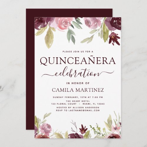 Quinceanera Elegant Burgundy Blush Pink Floral Invitation