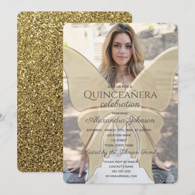 Quinceanera Elegant Butterfly Gold Glitter Photo Invitation (Front/Back)