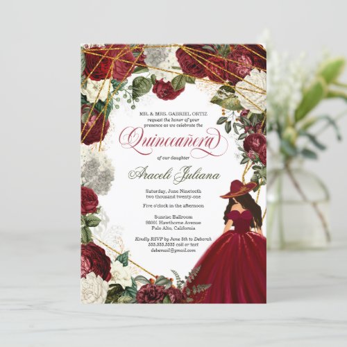 Quinceanera elegant charro burgundy white floral i invitation