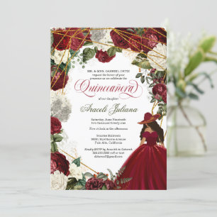 Quinceanera elegant charro burgundy white floral invitation