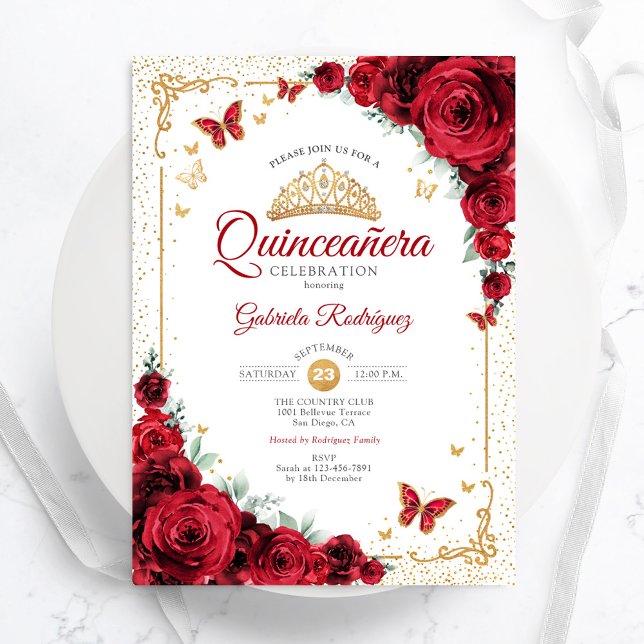  Quinceanera Elegant Chic Red Roses Gold Invitation (Creator Uploaded)