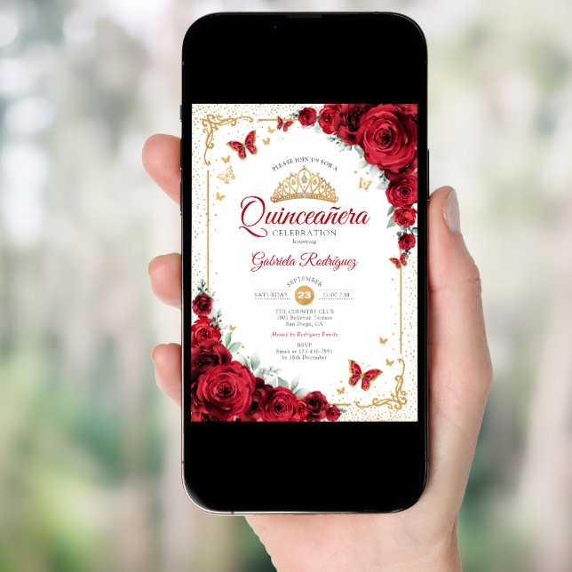  Quinceanera Elegant Chic Red Roses Gold Invitation (Front Digital)