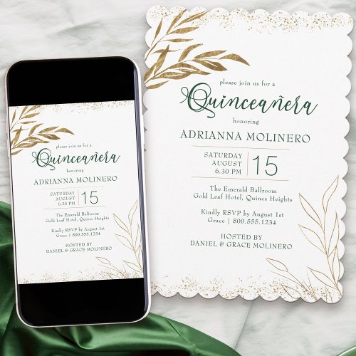 Quinceanera Elegant Emerald Green and Gold Leaf Invitation