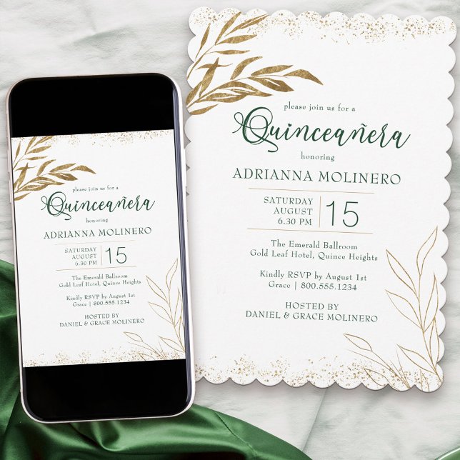 Quinceanera Elegant Emerald Green and Gold Leaf Invitation (Modern Quinceanera invitation in white gold and emerald green from my Gold Leaf Collection)