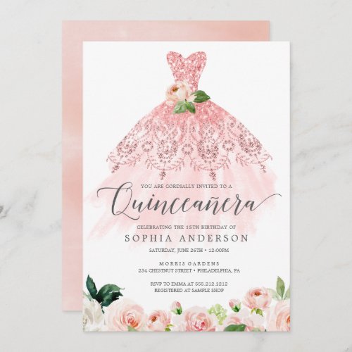 Quinceaera Elegant Floral Dress 15th Birthday Inv Invitation