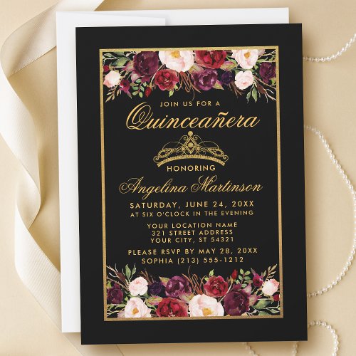 Quinceanera Elegant Floral Gold Frame Crown Black Invitation