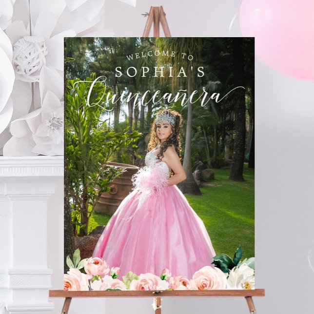 Quinceanera Elegant Floral Welcome Sign with Photo (Creator Uploaded)