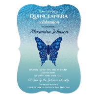 Quinceanera Elegant Glitter Blue Floral Butterfly Invitation