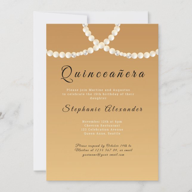 Quinceanera elegant gold and pearls invitation (Front)