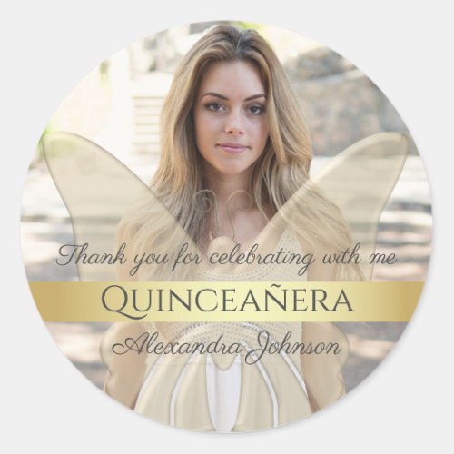 Quinceanera Elegant Gold Butterfly Photo Classic Round Sticker