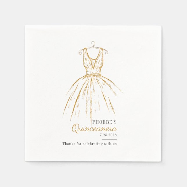 Quinceanera Elegant Gold Dress Script 15 Birthday Napkins (Front)