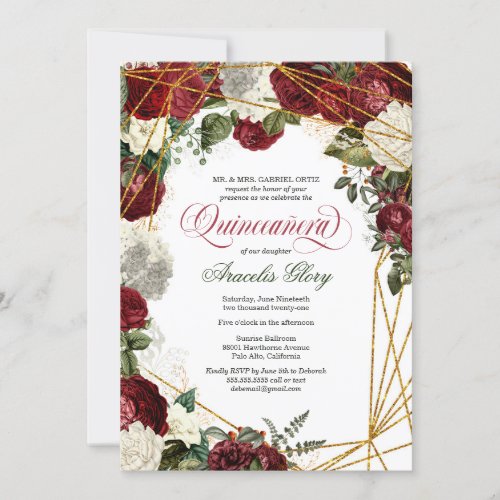 Quinceanera elegant green white burgundy floral invitation