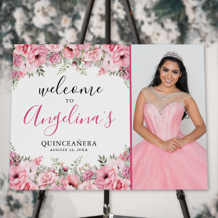Quinceanera Elegant Pink Floral Photo Welcome Sign