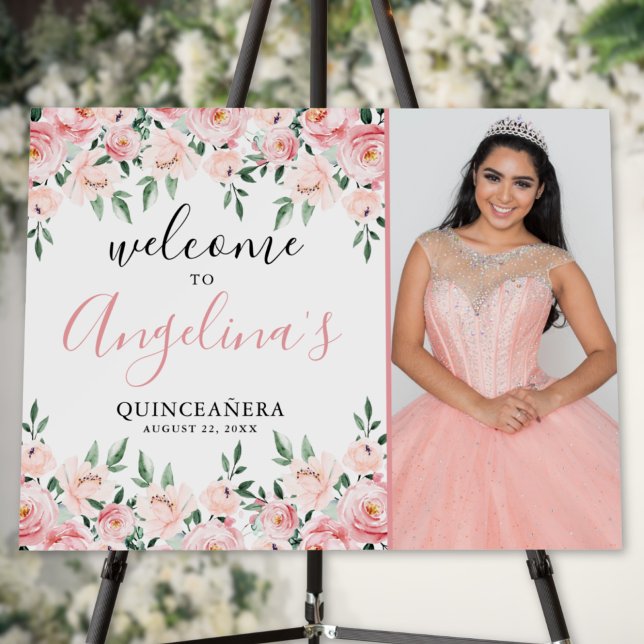 Quinceanera Elegant Pink Floral Photo Welcome Sign (Quinceanera Elegant Pink Floral Photo Welcome Sign)