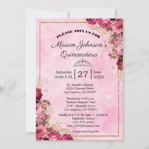 Quinceaera Elegant Pink Roses and Gold Invitation
