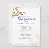 Quinceanera Elegant Purple and Gold Leaf Invitation (Front)