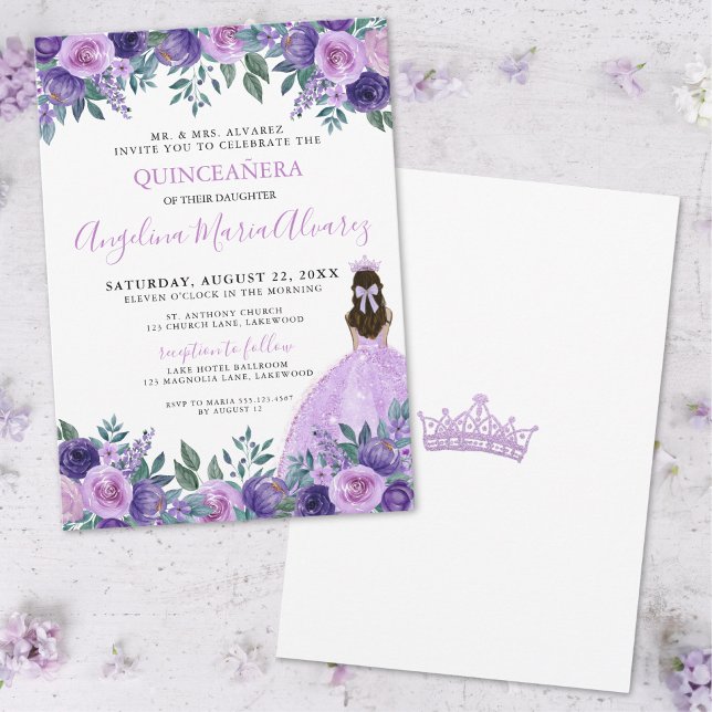 Quinceañera Elegant Purple Floral Invitation (Quinceañera Elegant Purple Flowers Invitation)